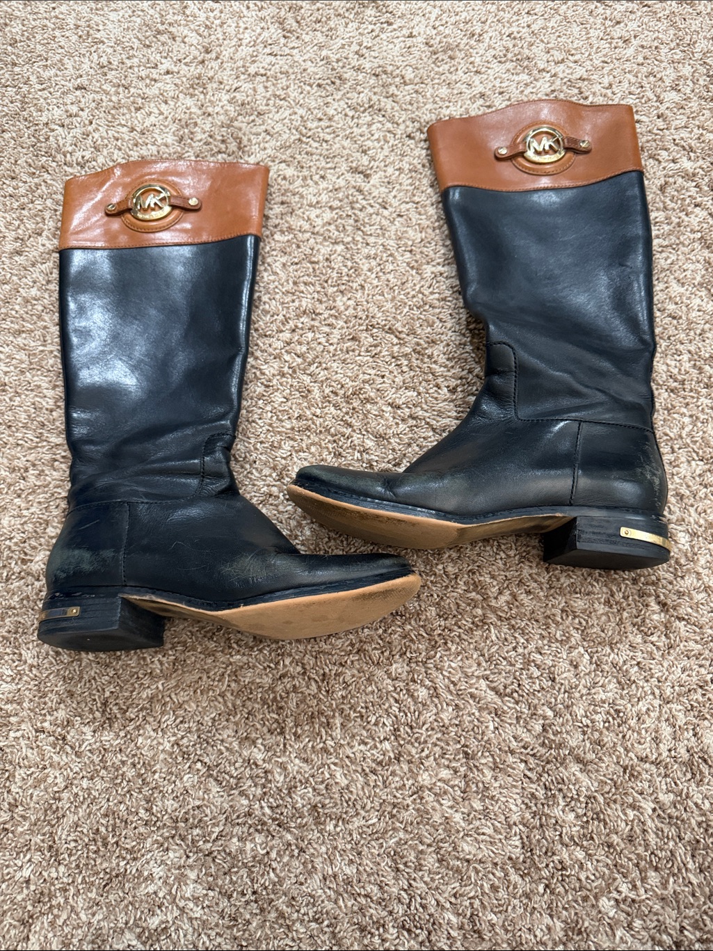 Michael Kors Black And Brown Leather Tall Riding Boots With Gold Hardware